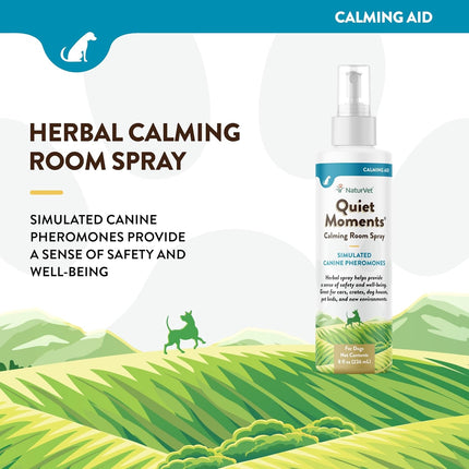 NaturVet Quiet Moments Herbal Calming Room Spray Dog Supplement - Ideal for Cars, Dog Crates, New Environments - Helps Reduce Pet Stress, Storm Anxiety, Motion Sickness - 8 Oz.