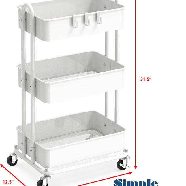3-Tier Heavy Duty Metal Utility Rolling Cart, White - photo 2