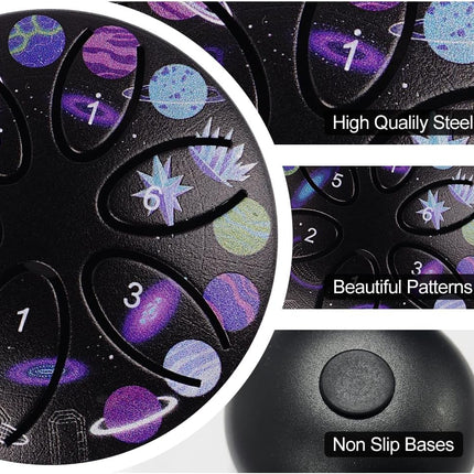 Mini Rain Drum, 3 Inches 6 Notes Portable Steel Tongue Drum with Mallet, Music Book, Pre-Tuned, Exquisite Pattern Percussion Instrument for Meditation, Relaxation, Camping and Gift (Black)