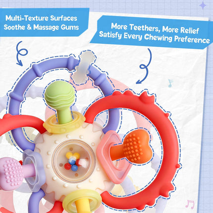 Baby Sensory Teething Toys 0-6 6-12 Months, Multi-Functional Baby Teether & Rattle Toy, BPA-Free Silicone Baby Chew Toy for Teething Relief, Ideal Newborn Infant Shower Gifts for Boys Girls
