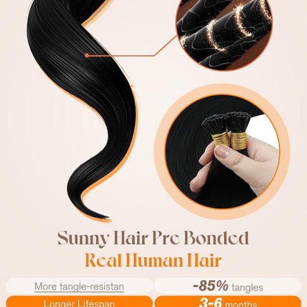 Sunny Hair 22 Inch Itip Human Hair Extensions, Black, Easy to Maintain Remy I Tip Hair, for Women with Thick Hair Seeking Length Without Bulk, Stays Secure for Parties and Weddings, 50g
