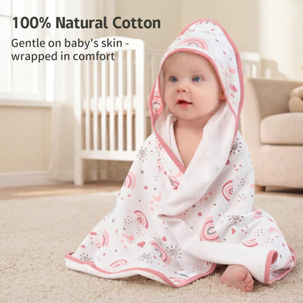 Hooded Baby Towels for Newborn,100% Cotton Baby Bath Towels with Hood for Infant Toddler Girl, 2 Pack 32x32 Inch Soft & Absorbent Knit Terry Bath Essentials Pink Rainbow