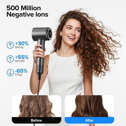Hair Dryer, 150000 RPM Brushless Motor with 500M Negative Ions, Fast-Dry Lightweight Design, ThermoControl & Magnetic Nozzle/Diffuser, Low Noise Salon Blow Dryer for All Hair, Travel, Home