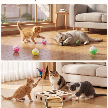 Cat Toys for Indoor Cats - Cat Nail File Box with Interactive Cat Toys, 2026 Upgraded Cat Puzzle Feeder Scratch Puzzle Toy for Indoor Cats, Natural Claw Care with 2 Wand Toys&Catnip Ball&4 Bell Ball