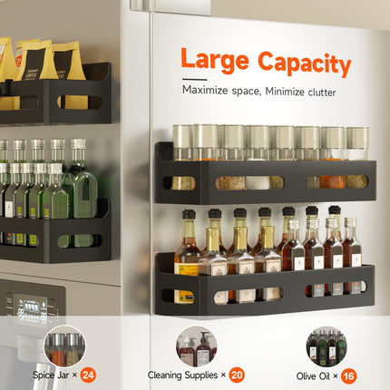 4-Pack Magnetic Spice Rack for Refrigerator with Hooks, Black