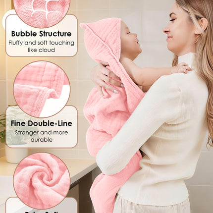 Toallas de baño con capucha para bebé de muselina, pack de 3, toallas ultrasuaves 100% algodón para recién nacidos, bebés y niños pequeños, 32x32 Inch, esenciales muy absorbentes y de secado rápido para la hora del baño, playa y piscina, serie rosa