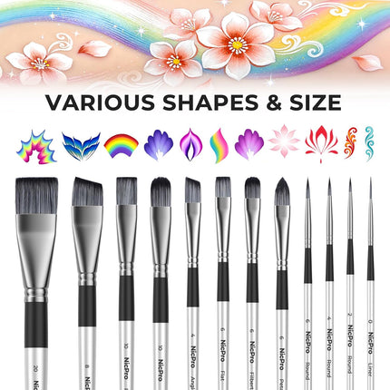 Nicpro 12pcs Face Paint Brushes Set with 9 Sponges Set, Professional Paint Brushes for Face Painting, Body Makeup, Acrylic Watercolor Oil Halloween Cosplay Party, Portable Storage Case Included