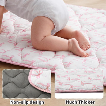 Mifoci Pink Bow Baby Play Mats for Floor, 50x50 Crawling Mat for Playpen Thick Cushioning Padding Foam Playmat Non Slip Foldable Machine Washable for Baby and Toddlers Infants
