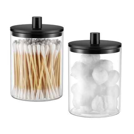 Dispensador de vidrio para hisopos de 10 oz, frasco transparente tipo botica, organizador para tocador de baño para hisopos, almohadillas, palillos de hilo dental y maquillaje (2 piezas, negro)