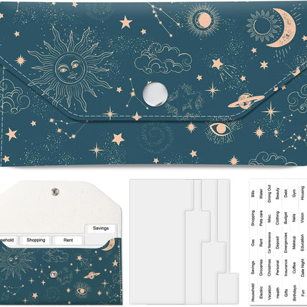 PU Leather Cash Envelopes Wallet, Reusable Money Savin Wallet, Cute Budget Envelope with 4 Dividers & 1 Sheets Budget Labels Galaxy Night Sky