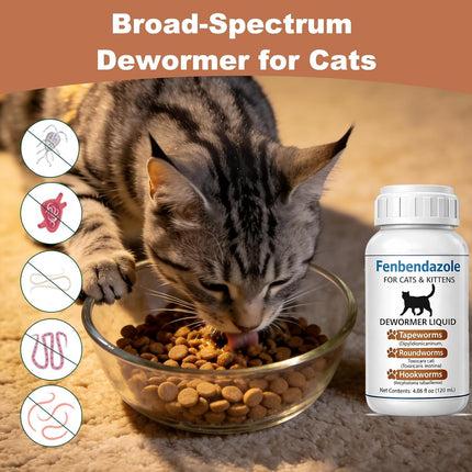 Cat Dewormer for Cats – Fenbendazole Liquid Broad Spectrum Wormer for Tapeworms, Roundworms & Hookworms, 120 mL (4.2 fl oz)
