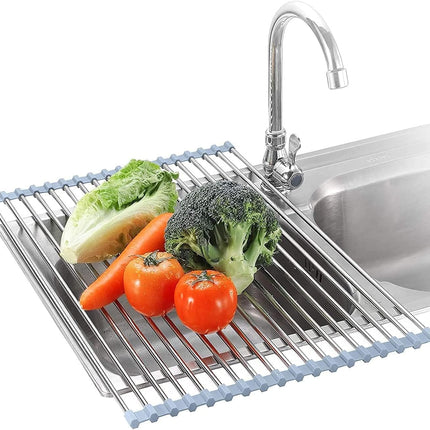 Escurridor enrollable para platos, escurridor sobre el fregadero, escurridor enrollable de cocina, tapete plegable de acero inoxidable para fregadero, 17.5x11.8