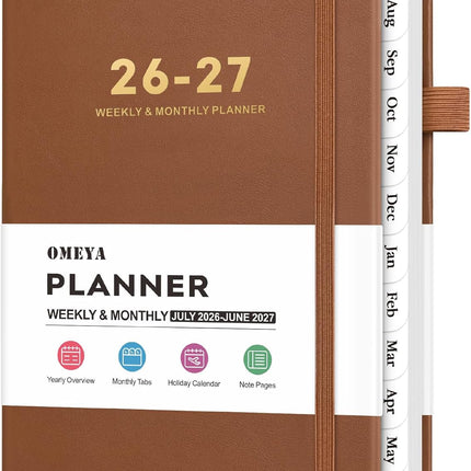 OMEYA Leather Academic Planner 2026-2027: A5 Brown Business Weekly & Monthly Planner for Work, July 2026 – June 2027, 100gsm Thick Paper, Durable Stitched Binding, Tabs, Pen Loop, Pocket