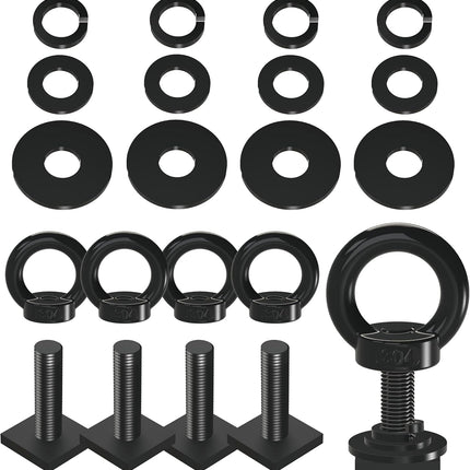NACETURE M8 T Track Bolts Eye Bolt Tie Down Anchors, Stainless Steel 304 T Slot Hardware with Ring, Heavy Duty Roof Rack Accessories for Cargo Tie Down, Truck Bed (Black M8 30mm 4 Pack)