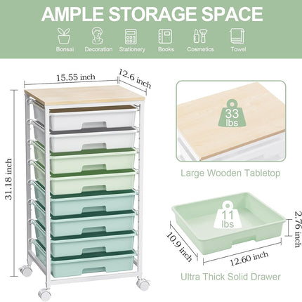 Rolling Storage Utility Cart Organizers with 8 Drawers and Wooden Tabletop for Living - photo 2