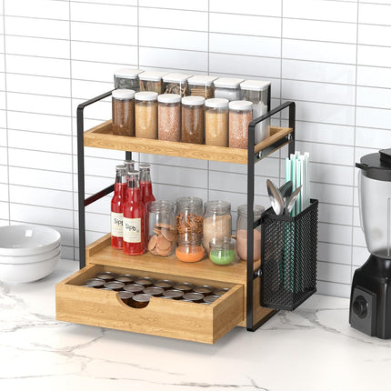 Wood Bathroom Counter Organizer with Drawer & Basket, 2-Tier