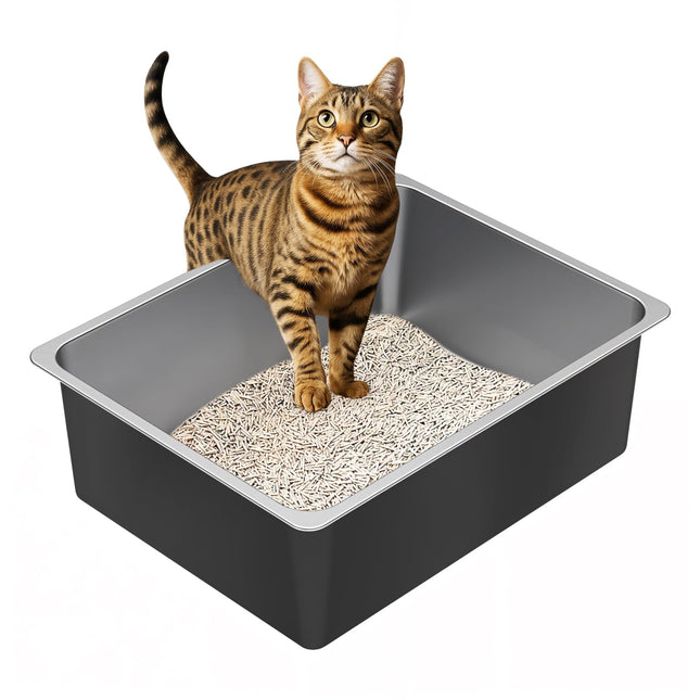 Arenero para gatos de acero inoxidable con lados altos