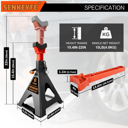 6 Ton (13,200 LBs) Jack Stands with Crossbars,Double Pin Locking,Rubber Cover,Large Foot Base,15"-22" Adjustable Height,Heavy Duty Car Jack Stands,Lifting Bus,RV,SUV,MPV,Pickup Truck,2 Pack