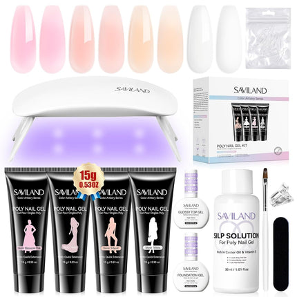 SAVILAND Hema-Free Poly Gel Nail Kit: 4 Colors Natural Clear Poly Gel Nail Colors with Mini U V/LED Lamp Slip Solution Quick Dry Nourish Nails 28 Days Durable for Gifts Daily Salon Home Nail Art DIY