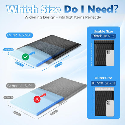 Extra Deep Black Bubble Mailers, 6 x 9 in Usable Size, 50 Pack - photo 3