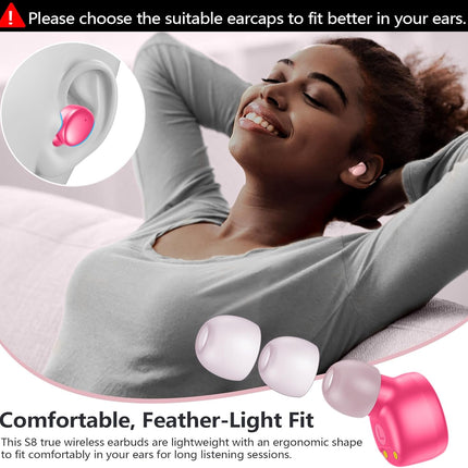 MOZOTER S8 Mini Wireless Earbuds Bluetooth 5.3 in Ear Light-Weight Headphones,60Hrs Playtime Ear Buds with Charging Case,Bluetooth Headsets,Premium Sound with Deep Bass for Sport-Pink