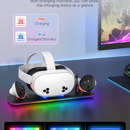 Charging Dock for Meta Quest 3S/3, Magnetic Charging Station for Oculus Quest 3S/3 Accessories with RGB Light, Charging Stand for VR Headset & Controller with 2 Rechargeable Batteries (Black)