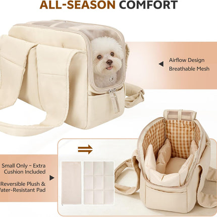 Dog Purse Carrier for Small Dogs and Cats, Soft-Sided Pet Tote Bag with 6 Large Pockets, Collapsible Travel Puppy Carrier with Small Cushion, Fits Pets up to 6 lbs (Beige, 13.6" L x 6.6" W x 10" H)