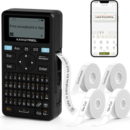 SUPVAN E11 Bluetooth Label Maker Machine with 4 Tapes, Support Keyboard & App with 30+ Fonts and 660+ Icons, Rechargeable Inkless Labeler for Home, Kitchen, Office, School, Organization, Black