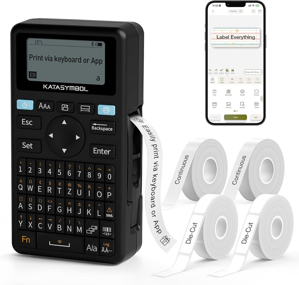 Bluetooth Label Maker Machine with 4 Tapes, Support Keyboard & App with 30+ Fonts and 660+ Icons, Rechargeable Inkless