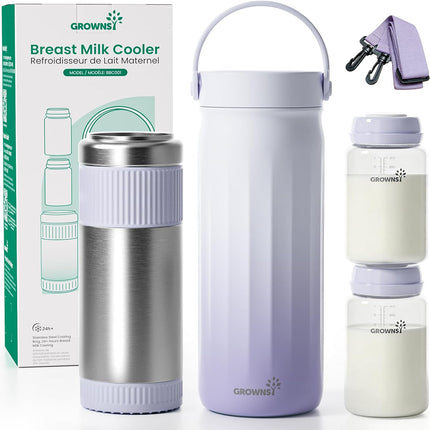 Grownsy 22oz Portable Breast Milk Cooler, 360° Stainless Steel Chiller Keeps Breastmilk Fresh for 24H, No Ice Crystals,Milk Cooler with 2 Baby Bottles for Work & Travel, Baby Breastfeeding Essential