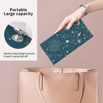PU Leather Cash Envelopes Wallet, Reusable Money Savin Wallet, Cute Budget Envelope with 4 Dividers & 1 Sheets Budget Labels Galaxy Night Sky