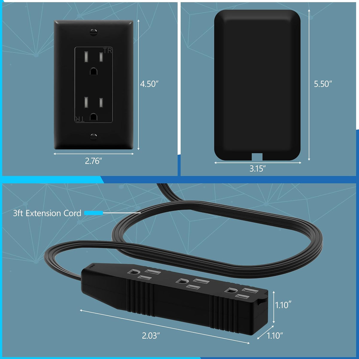 Flat-Face Outlet Extender with 3 Receptacles, Ultra-Thin Wall Plate Plug with Cord Extender and 3-Outlet - photo 2