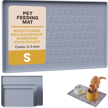 Silicone Pet Feeding Mat - 100% Waterproof Dog & Cat Bowl Pad with Raised Edges - Protects Floors from Messy Eaters & Spills - Anti-Slip, 100% PET-Safe, Dishwasher Safe (Grey 18.5"x11.5")