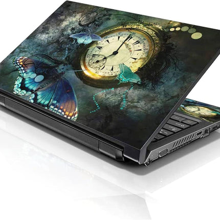 LSS 15 15.6 inch Laptop Notebook Skin Sticker Cover Art Decal Fits 13.3" 14" 15.6" 16" HP Dell Lenovo Apple Asus Acer Compaq (Free 2 Wrist Pad Included) Clock Butterfly