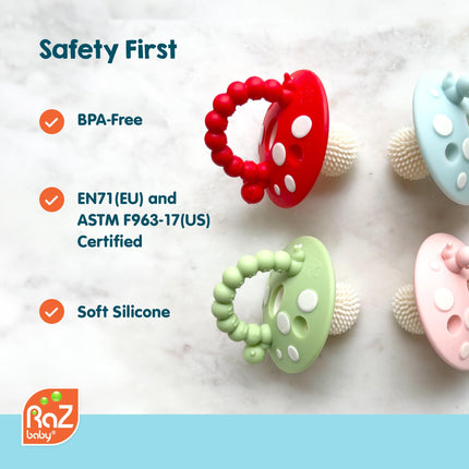 Soft Silicone Infant & Baby 3M+ Teether Toy Massaging Bristles Teething Pacifier - Soothes Sore Gums - Hands-Free & Easy-to-Hold Chompy Teether, BPA Free (RED/Green)