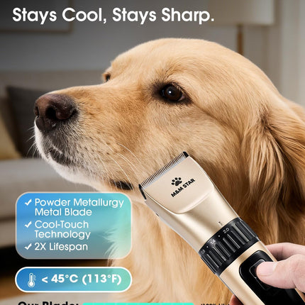 M&M STAR Dog Grooming Kit, Low Noise Dog Clippers, 2-Speed IPX7 Waterproof, Rechargeable Cordless Pet Hair Clippers Trimmer Shaver with LED Display for Small Large Dogs Cats, Gold