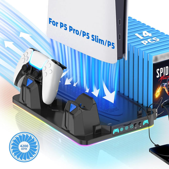 PS5/Slim/Pro Cooling Stand for Disc&Digital with Dual Controller Charging, Multi-Function P5 Accessories 3-Level