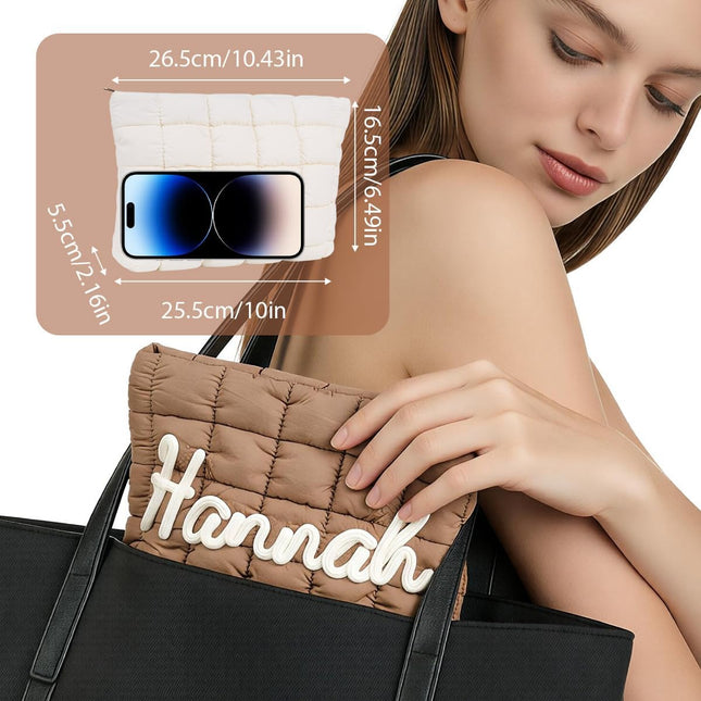 Quilted Makeup Bag with 3D Rope Embroidery, Custom Name Puffer Cosmetic