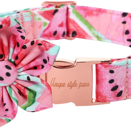 Unique style paws Dog Collar with Flower Tie Cotton Watermelon Collar Adjustable Summer Collar for Small Medium Large Dogs - M
