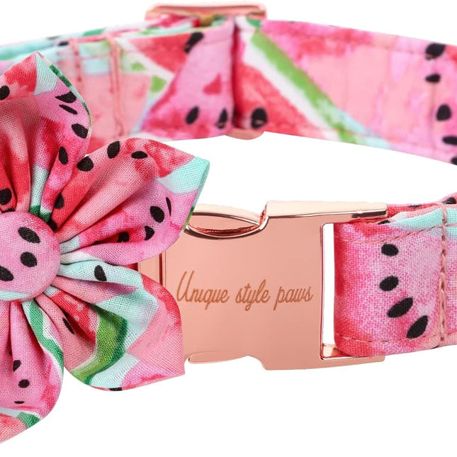 Dog Collar with Flower Tie Cotton Watermelon Collar Adjustable Summer Collar for Small Medium Large Dogs - M