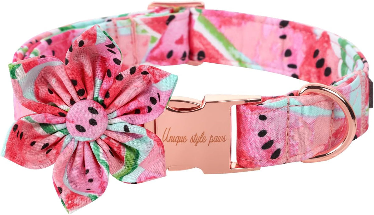 Dog Collar with Flower Tie Cotton Watermelon Collar Adjustable Summer Collar for Small Medium Large Dogs - M