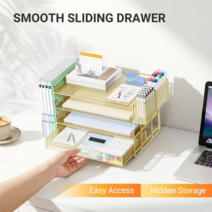 OPNICE Desk Organizers and Accessories, 4-Tier Office Desk Accessories & Workspace Organizers with Drawer and Pen Holder, Desktop Paper Tray File Organizer for Home Office Supplies, Gold