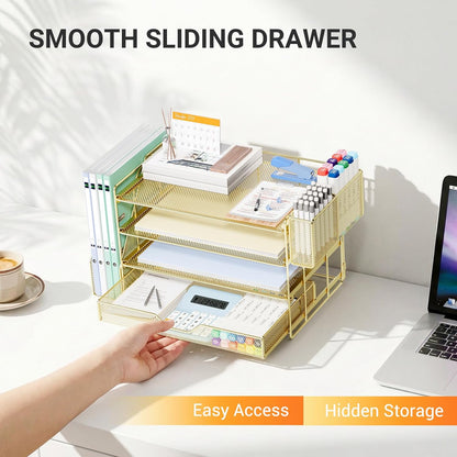 Gold 4-Tier Desk Organizer with Drawer and Pen Holder - photo 4