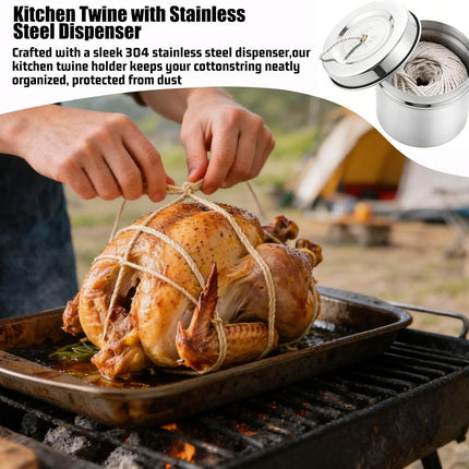 Kitchen Twine for Cooking with Stainless Steel Dispenser, Cotton Butchers Twine for Cooking Meat, Natural Kitchen Twine, Center Pull Design (White) (1 Roll + 1 Dispenser)