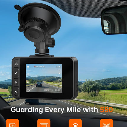 Dash Cam Front and Rear, 2.5K+1080P Dual Dash Camera for Cars, 2’’ Display Mini Car Camera, G-Sensor Dashcam, Night Vision, 24H Parking Mode, Loop Recording, 170°Wide Angle, 32GB Card Included