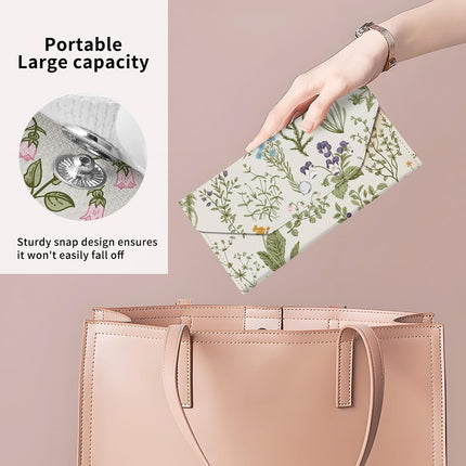 PU Leather Cash Envelopes Wallet, Reusable Money Savin Wallet, Cute Budget Envelope with 4 Dividers & 1 Sheets Budget Labels Vintage Wildflowers