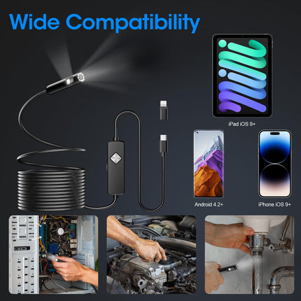 Endoscope with Light, 1920P HD Borescope with 8 Adjustable LED Lights, Semi-Rigid Snake Camera, IP67 Waterproof Inspection Tool (16.4ft, Black + Dual Lens Wiring Harness)