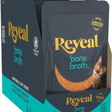 Reveal Natural Wet Cat Food, Limited and Natural Ingredients, Grain Free, High Protein with No Artificial Additives, Fish Bone Broth with Tuna Fillet (6 x 3oz Pouches)