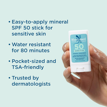 BLUE LIZARD Sensitive Mineral Sunscreen Stick with Zinc Oxide, SPF 50+, Water Resistant, UVA UVB Protection Easy to Apply, Fragrance Free, 0.5 Oz