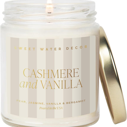 Sweet Water Decor Cashmere and Vanilla Patterned Candle – Soy Candles with Coconut, Bourbon Vanilla, Cashmere, Sandalwood, Musk – 40 Hour Burn – 9oz Clear Glass Jar – Luxury Spring Candle